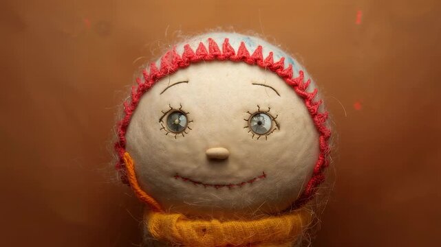 Red specks appearing, camera zooming closer to felt doll at studio, revealing fibers, red-trim cap