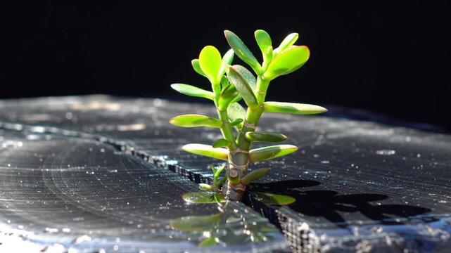 Tiny green plant sprouts from dark, textured surface in bright sunlight.