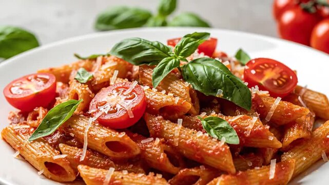Penne pasta with tomato sauce.