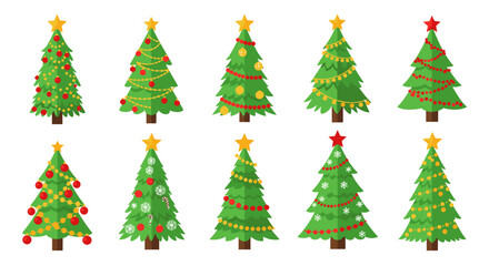 Fototapeta premium Set of Decorated Green Christmas Trees with Stars
