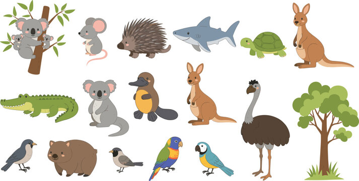 Collection of Cute Australian Animal Icons Featuring Koala Kangaroo Platypus Wombat Emu Crocodile Shark Turtle and Colorful Birds in Detailed Flat Vector Illustration.