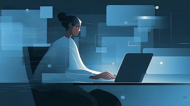 A focused woman operates a laptop surrounded by abstract digital elements. Ideal for illustrating technology, innovation, remote work, and the future 