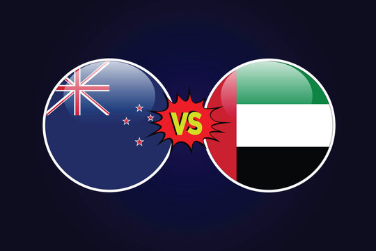 New Zealand vs UAE cricket match vector design illustrator rival flags of both teams with circular shape. NZL vs UAE cricket match concept.