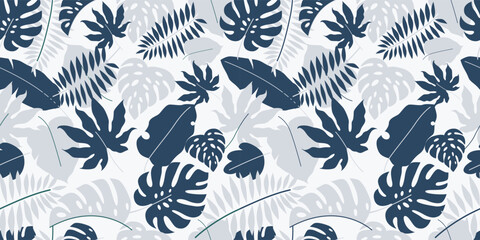 Botanical leaves seamless pattern with tropical vibes, monstera and palm for textile design and summer apparel