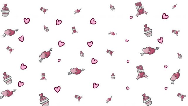 Pattern of hearts cupcakes and wrapped candies on white. Perfect for valentines day greeting cards, social media posts, and party invitations.