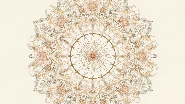 On play animating ornate mandala scaling and rotating on pale cream background, revealing filigree