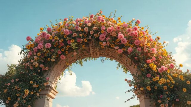 Panning camera revealing ornate stone arch in garden, showing vines, pink roses, yellow daisies