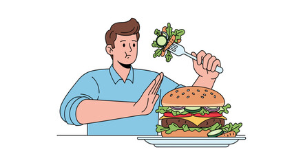 Man refusing unhealthy fast food hamburger for better diet