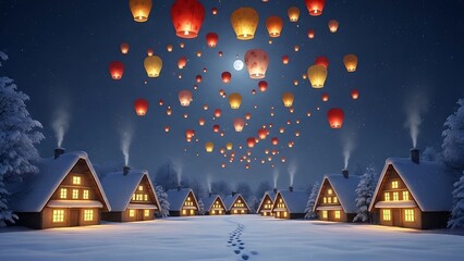 Winter night in a snowy village with sky lanterns