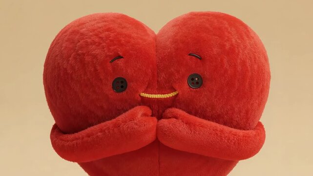 Starting hands-to-mouth bobbing red plush heart hugging shyly at beige set button eyes yellow mouth