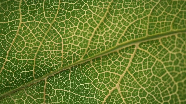 Shifting camera revealing midrib and vein network on green leaf on plant, showing texture