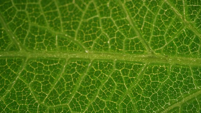 Shifting camera capturing single green leaf macro close-up, revealing midrib and vein network