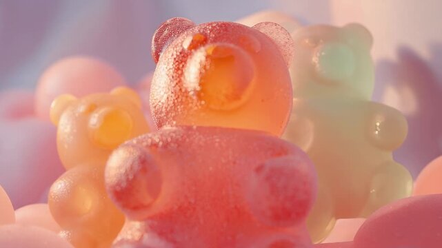 Pushing camera central pink gummy bear showing sugar droplets to show material, studio pastel props
