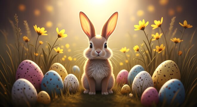 Easter sunday celebration with bunny and colorful eggs in a sunny flower field