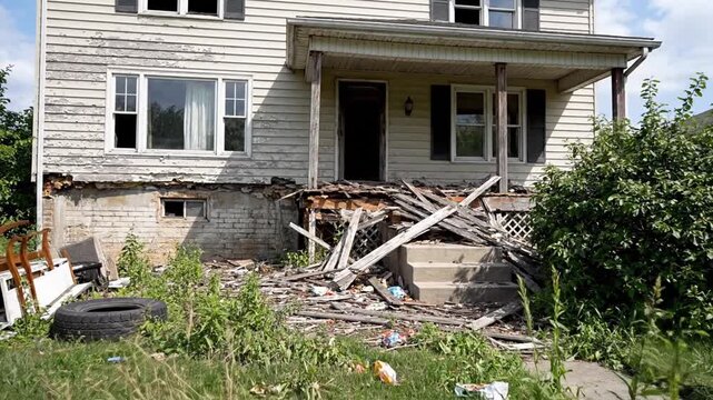 An abandoned house with deteriorating exterior and overgrown vegetation in the foreground, showcasing signs of neglect and decay, with scattered debris and a broken porch