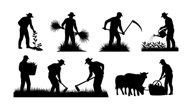 Rural agriculture worker silhouette vector set
