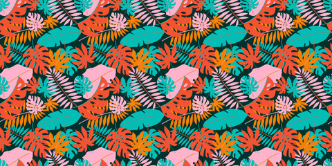 Botanical leaves seamless pattern with tropical vibes, monstera and palm for textile design and summer apparel