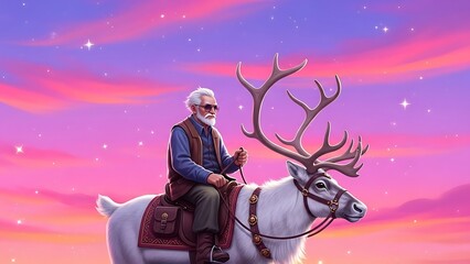 Elderly man riding a white reindeer at sunset