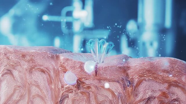 Human skin with nanoparticles penetrating the surface, in a laboratory setting with futuristic equipment in the background, possibly for medical or scientific use