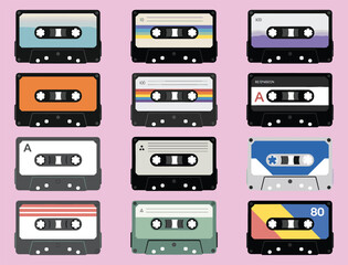 Obraz premium Retro cassette tape collection icon set colorful vintage audio music vector illustration design
