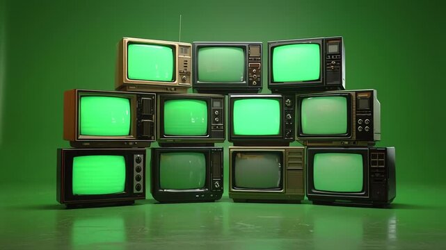 Vintage Television Stack Green Screens Retro Media Concept