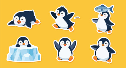 Obraz premium Modern vector sticker collection featuring a cute penguin in multiple expressive styles and charming variations, designed for digital messaging, planners, and creative projects