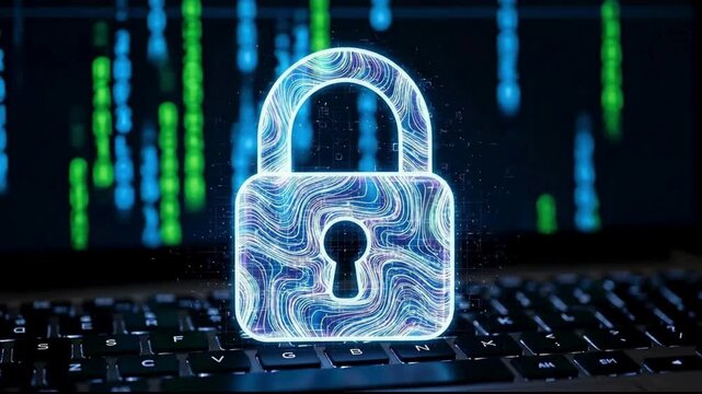 Glowing Holographic Padlock Over Keyboard with Binary Code Background &ndash; Digital Security, Encryption & Zero-Trust Architecture
