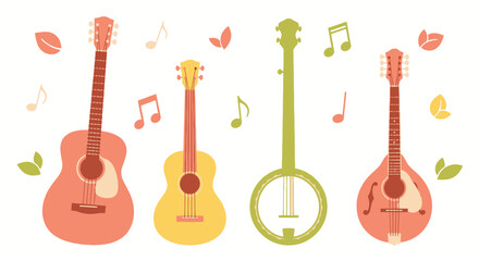 Naklejka premium Acoustic Guitars, Banjo, Mandolin, Musical Notes, Leaves, Flat Design