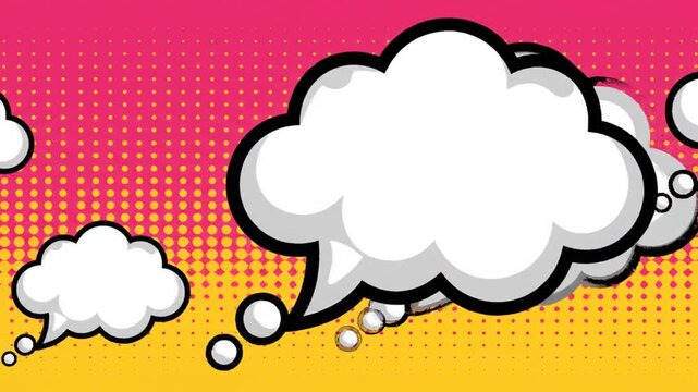 Classic pop art style comic speech bubble and thought bubble on a vibrant pink and yellow halftone dot background, symbolizing communication and ideas.