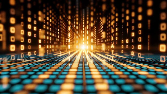 A vibrant digital landscape with glowing binary patterns and light rays converging.