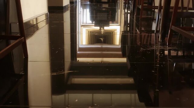 Walking figure wearing dark coat being revealed by doorway light while crossing glossy diner floor