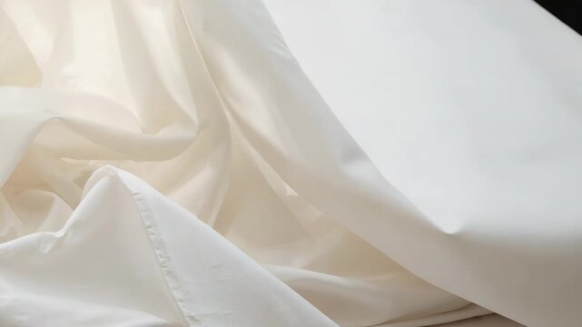 Shifting frame showing ivory cloth settling on bed in studio revealing hem, right wall, soft light