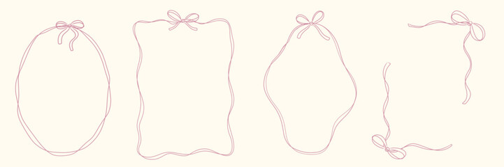 Hand drawn coquette frames with wavy lines, bows and ribbons. Whimsical borders for wedding invitations, birthday card, prints.