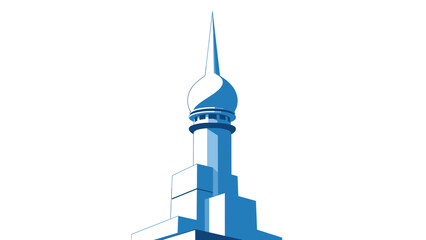 Stylized modern tower structure featuring a blue dome and a long sharp metal spike reaching towards the top of the frame.