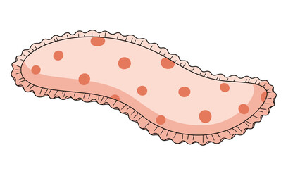 Long soft body pillow in pink color with large orange polka dots and a decorative ruffled border on a plain white background.