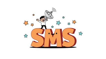 Fototapeta premium Cartoon character with a satellite dish standing on the letters SMS against a starry background, communication concept art.