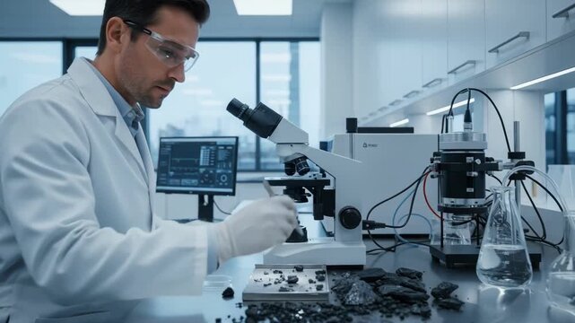 Technician carefully analyzing coal sample with precision instruments in modern laboratory setting for quality and energy content assessment.