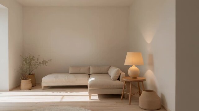 Panning camera centering beige L-shaped sofa in living room, sunlight shifting, lamp casting glow