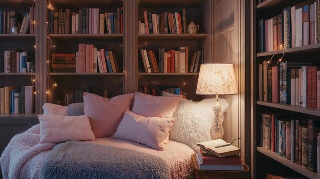 Twinkling string-lights and lamp lighting fur-loveseat, pink-pillows in home nook, book for reading