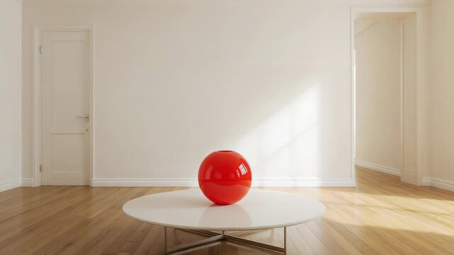 Shifting camera making red sphere moving on round table in room, revealing reflection shift