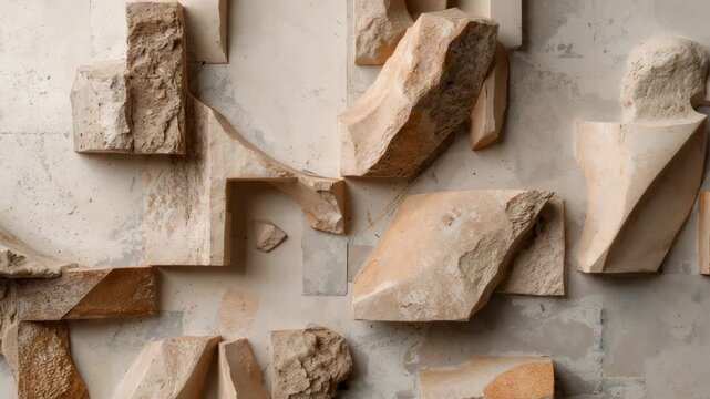 Shifting camera revealing light-shadow shifts on stone bas-relief in gallery, showing chisel marks