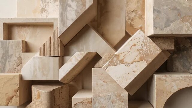Camera tightening on marble relief in studio, showing veined blocks and ribbed niche detail