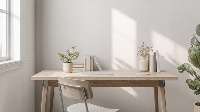 Pushing camera slowly revealing wooden desk workspace at home, with laptop, chair and plants