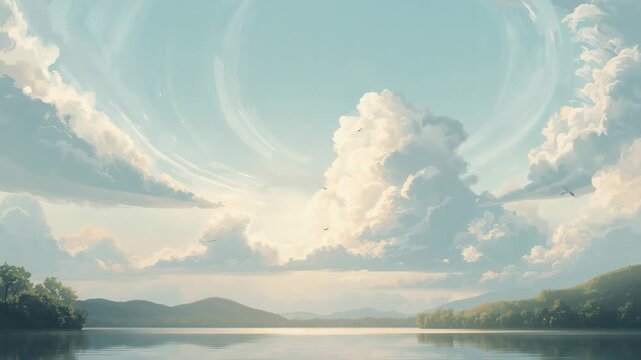 Shifting cumulus cloud drifting over calm lake, light breeze moving cloud, bird flying right