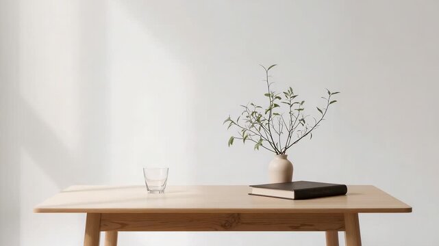 Shifting sunlight casting shadows across wood table in minimal room, nudging vase, glass, books