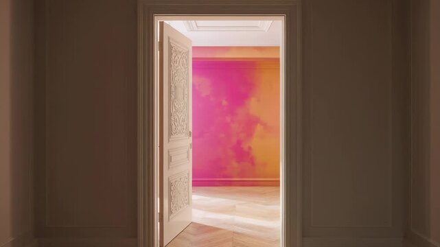 Swinging carved white door opening into home, pink-orange wall and sunlight crossing threshold
