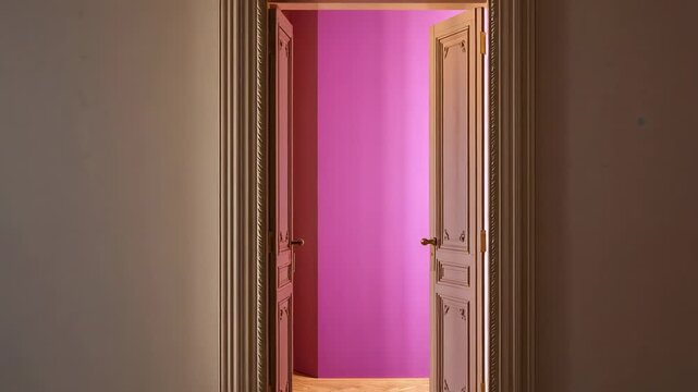 Swinging after unseen push ornate doors revealing magenta alcove in formal corridor, brass handles