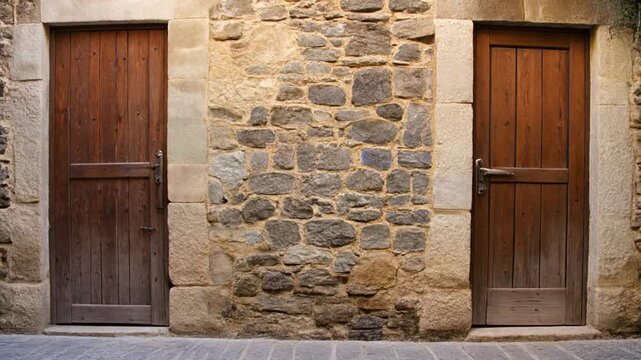 Old stone building with two wooden doors on a quiet street in a historic European town with a paved road and wall in background for travel or architecture concept