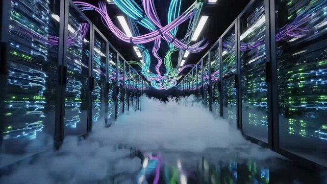 Futuristic Server Room with Cloud Computing and Colorful Neon Lights