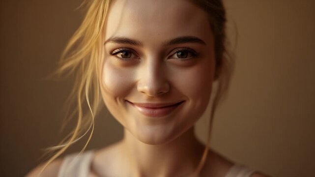 Responding to soft light, adult woman opening eyes, smiling at camera studio, light top hair strand